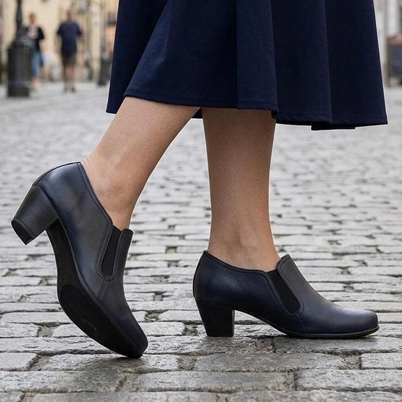 Leather Block Heel Slip On Shoe Boots - MAGNU44001 / 329 709 - Navy