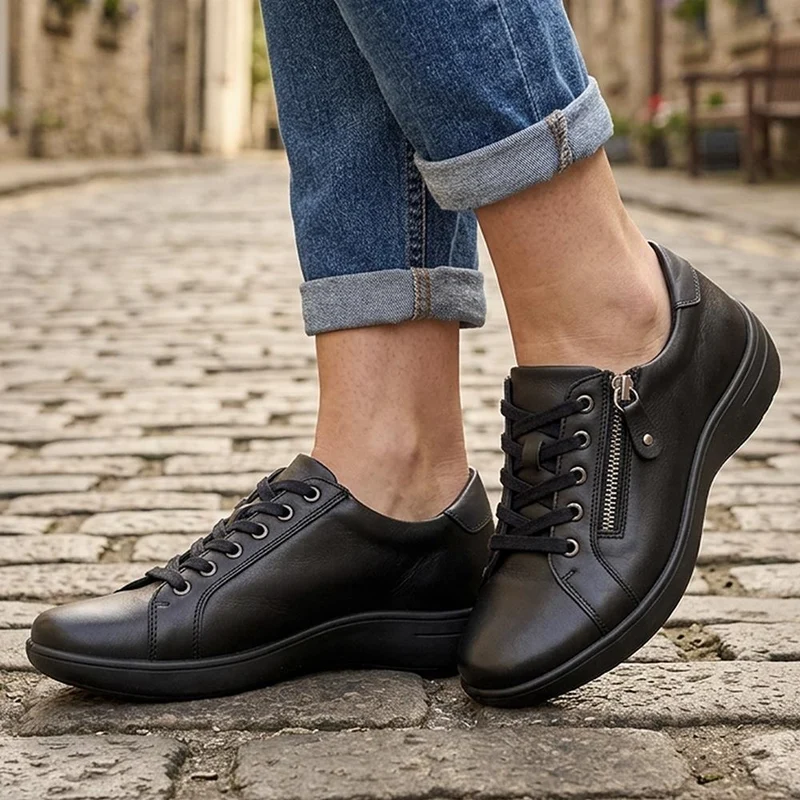 Wide Fit Leather Zip & Lace Casual Trainers - KF44006 / 329 818 - Black