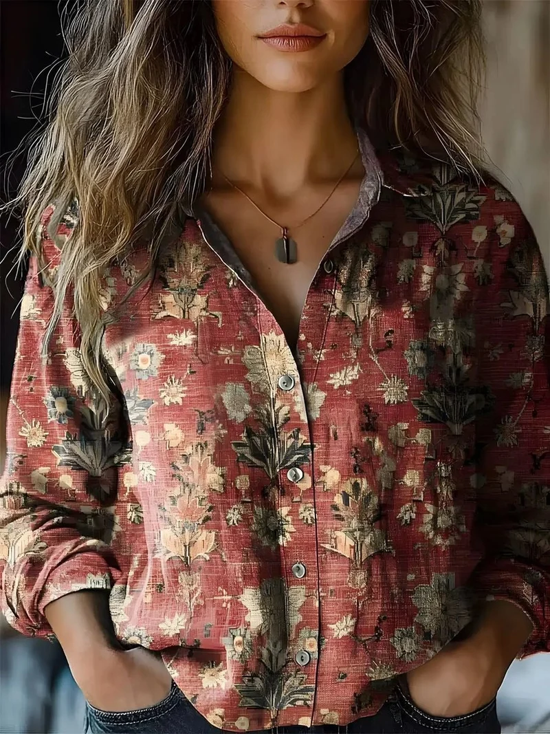 Frieda | Damen Boho Bluse Langarm geknöpft mit Blumenmuster