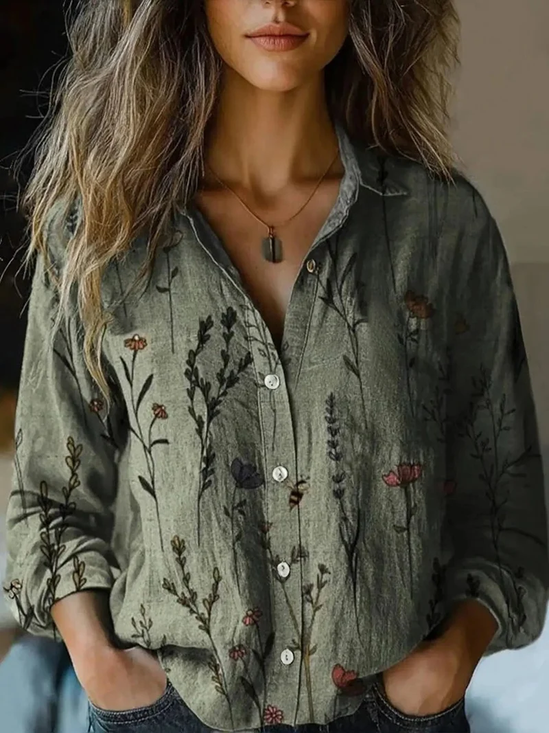 Frieda | Damen Boho Bluse Langarm geknöpft mit Blumenmuster