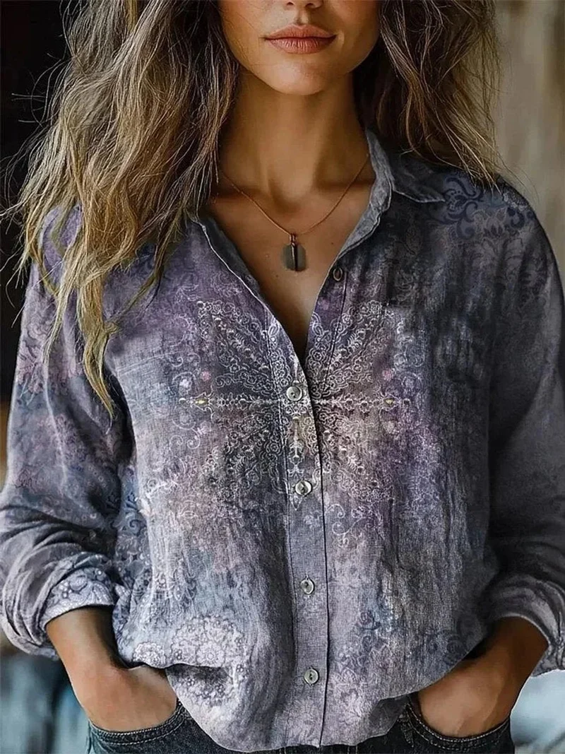 Frieda | Damen Boho Bluse Langarm geknöpft mit Blumenmuster
