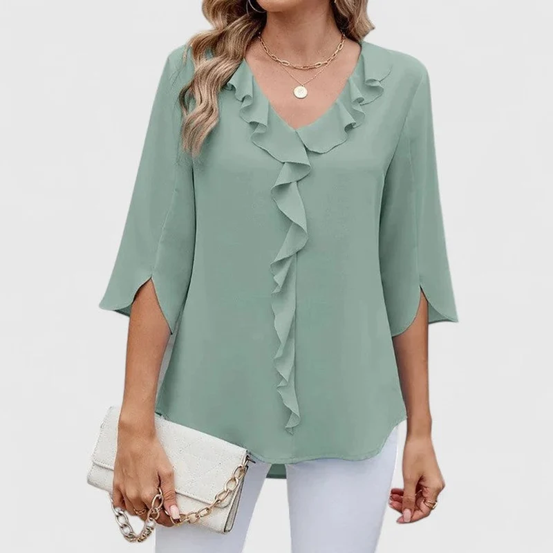 Clara | Damen elegante Rüschen-Bluse mit V-Ausschnitt 3/4-Arm