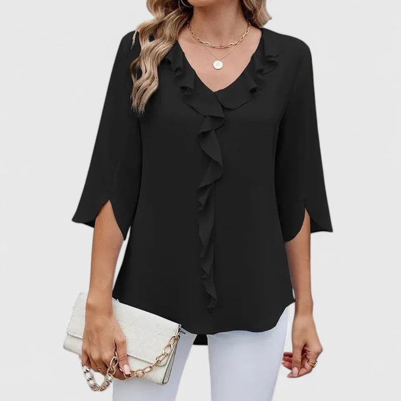 Clara | Damen elegante Rüschen-Bluse mit V-Ausschnitt 3/4-Arm