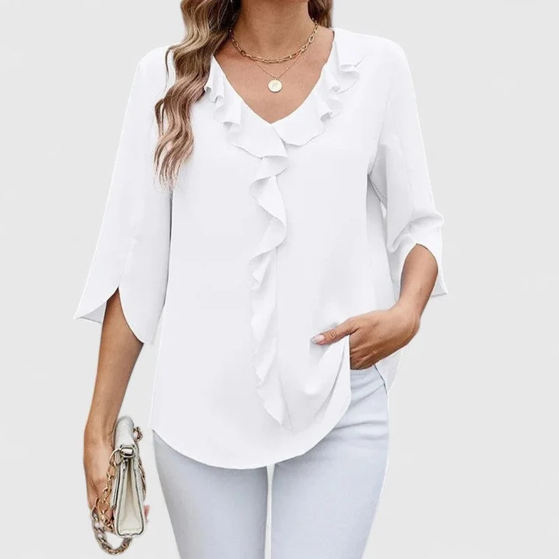 Clara | Damen elegante Rüschen-Bluse mit V-Ausschnitt 3/4-Arm