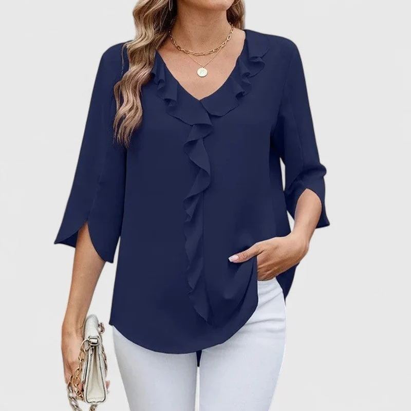 Clara | Damen elegante Rüschen-Bluse mit V-Ausschnitt 3/4-Arm