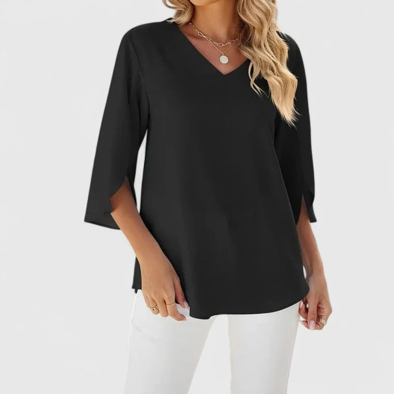 Clara | Damen elegante Rüschen-Bluse mit V-Ausschnitt 3/4-Arm