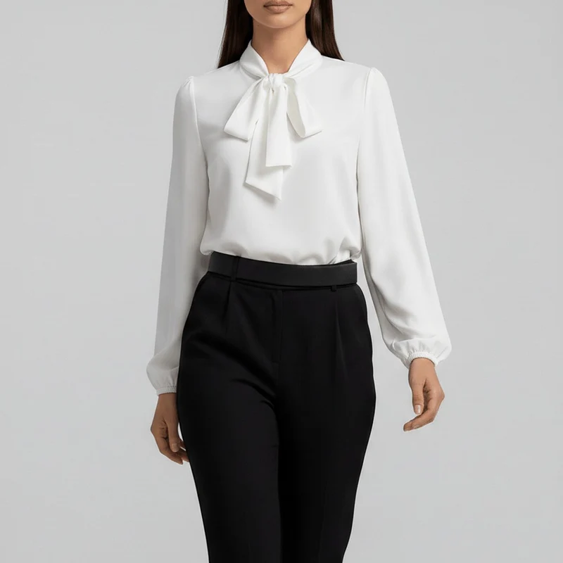 Emilia | Damen Langarm-Bluse mit Schleifenkragen und weitem Schnitt