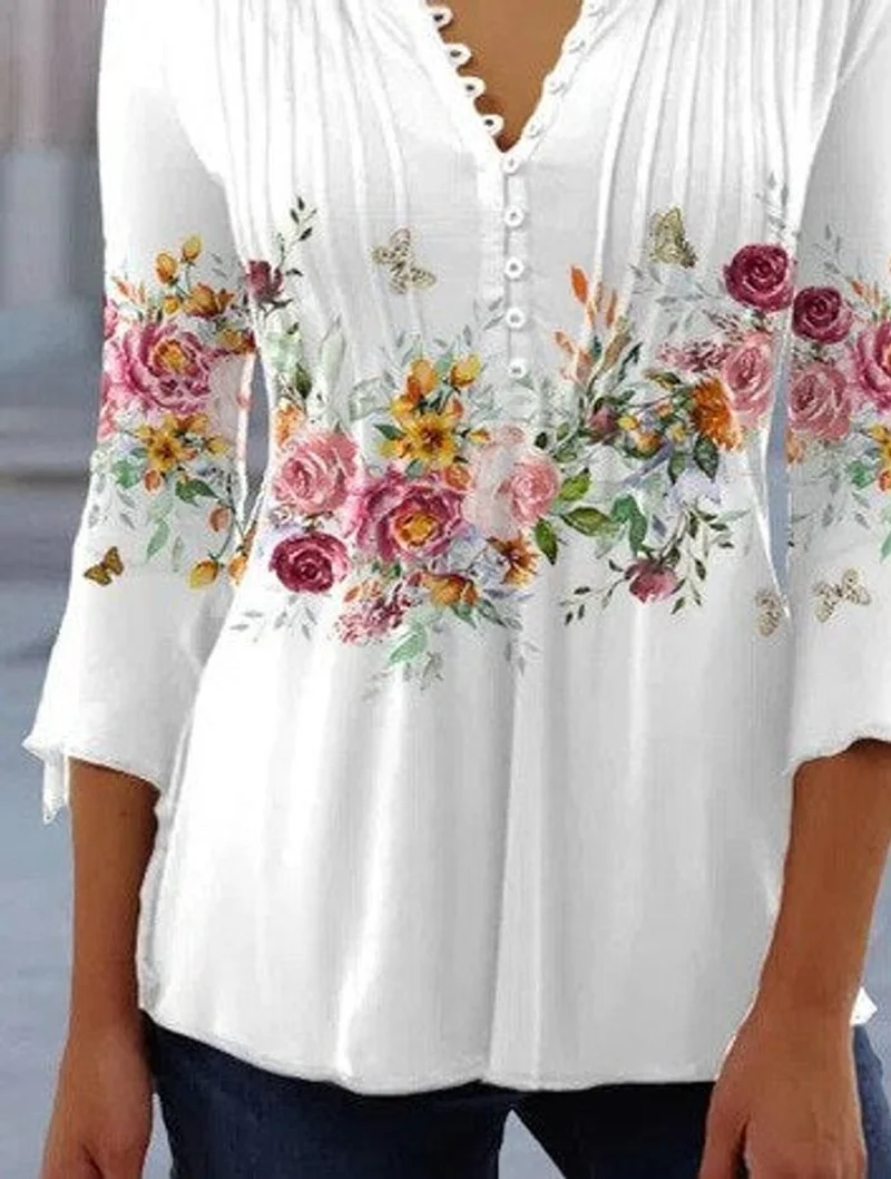 Greta | Damen Geblümte Henley-Bluse Relaxed Fit Lange Ärmel Rosenprint