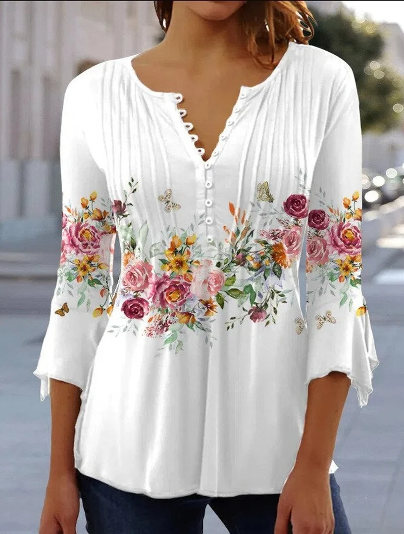 Greta | Damen Geblümte Henley-Bluse Relaxed Fit Lange Ärmel Rosenprint