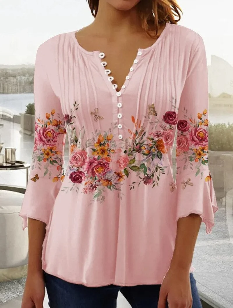 Greta | Damen Geblümte Henley-Bluse Relaxed Fit Lange Ärmel Rosenprint