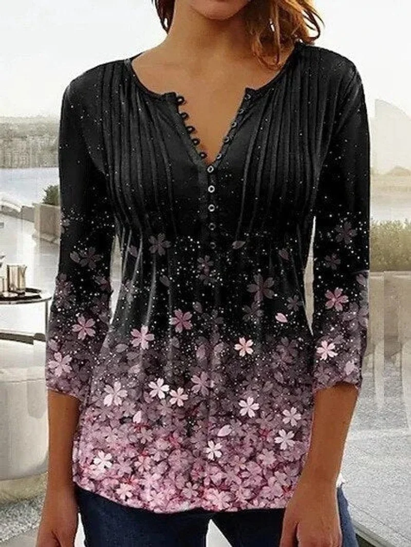 Greta | Damen Geblümte Henley-Bluse Relaxed Fit Lange Ärmel Rosenprint