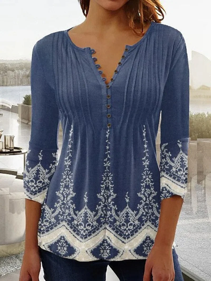 Greta | Damen Geblümte Henley-Bluse Relaxed Fit Lange Ärmel Rosenprint