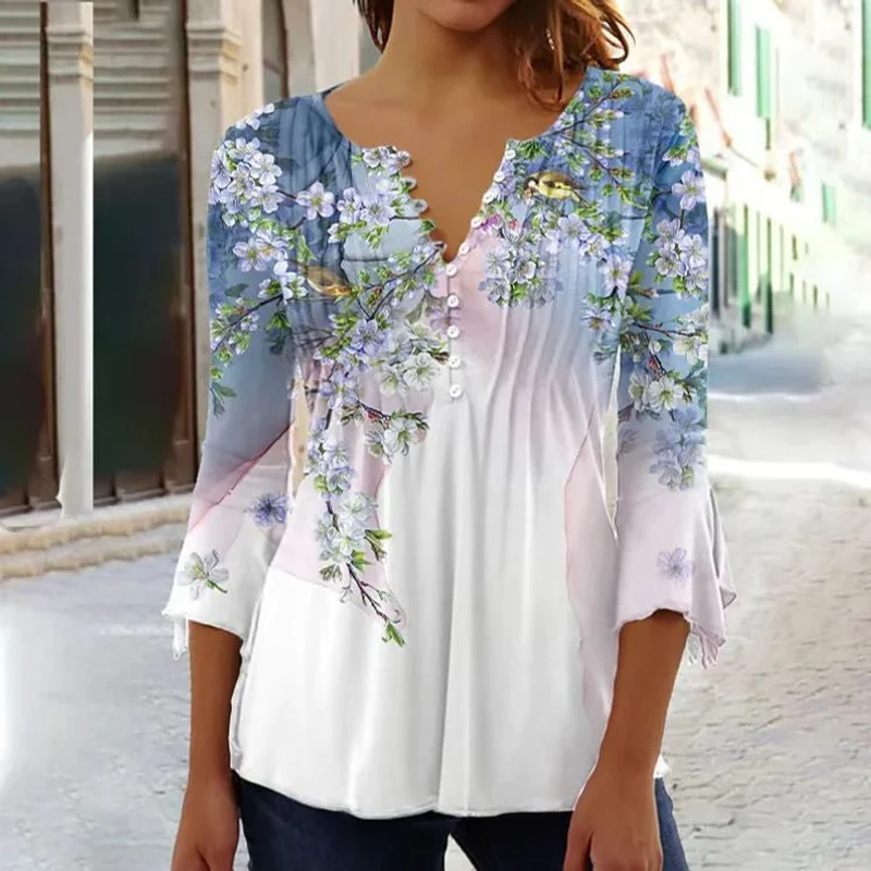 Greta | Damen Geblümte Henley-Bluse Relaxed Fit Lange Ärmel Rosenprint
