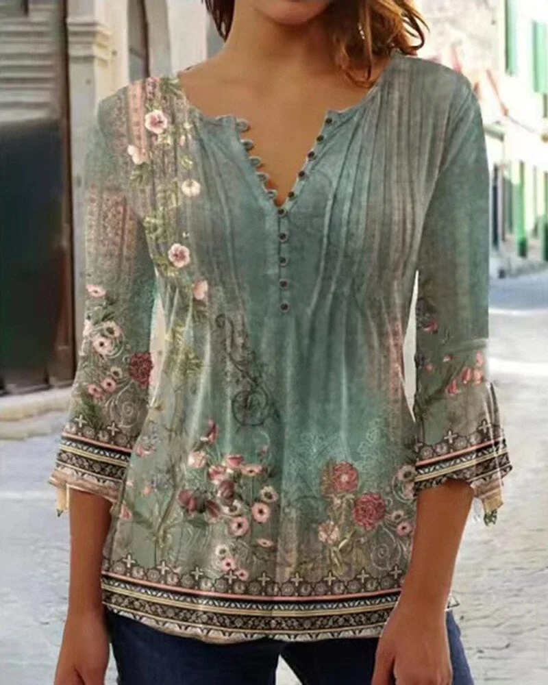 Greta | Damen Geblümte Henley-Bluse Relaxed Fit Lange Ärmel Rosenprint