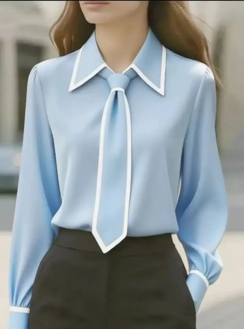 Emilia | Damen Langarm-Bluse mit Kontrastpaspel abnehmbarer Krawatte Knopfleiste