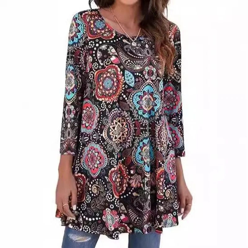 Elisabeth | Damen Tunika mit buntem Mandala-Druck 3/4-Arm ausgestellt