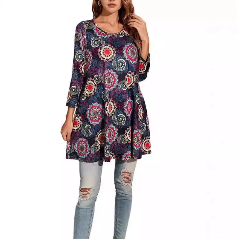 Elisabeth | Damen Tunika mit buntem Mandala-Druck 3/4-Arm ausgestellt