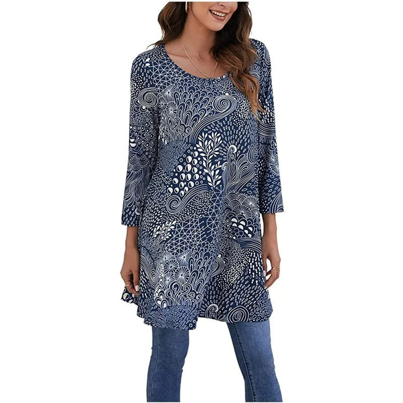 Elisabeth | Damen Tunika mit buntem Mandala-Druck 3/4-Arm ausgestellt