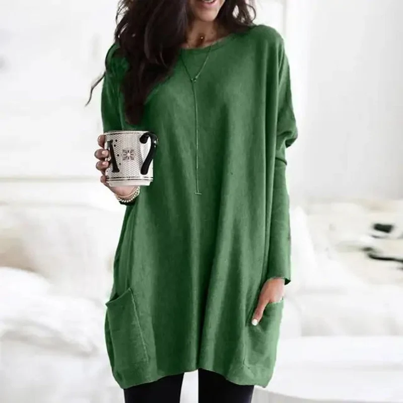 Amelie | Damen Oversized Langarm Tunika mit Taschen Rundhals Pullover