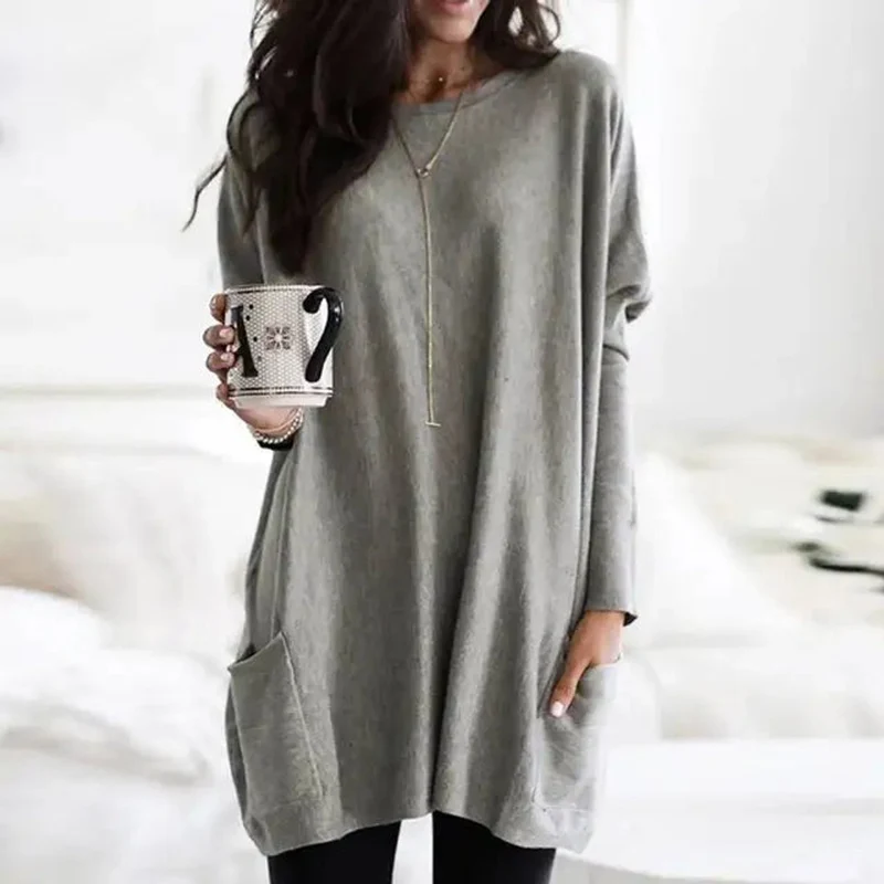 Amelie | Damen Oversized Langarm Tunika mit Taschen Rundhals Pullover