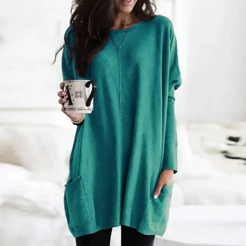 Amelie | Damen Oversized Langarm Tunika mit Taschen Rundhals Pullover