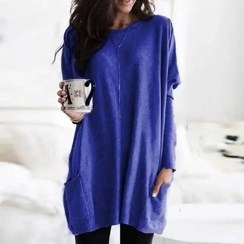 Amelie | Damen Oversized Langarm Tunika mit Taschen Rundhals Pullover