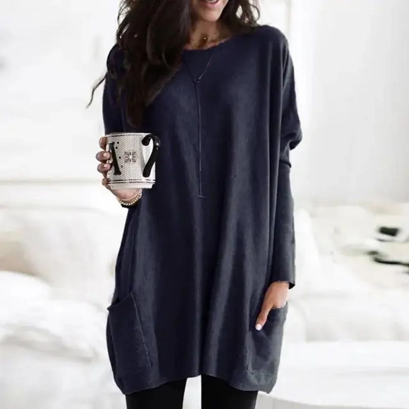 Amelie | Damen Oversized Langarm Tunika mit Taschen Rundhals Pullover