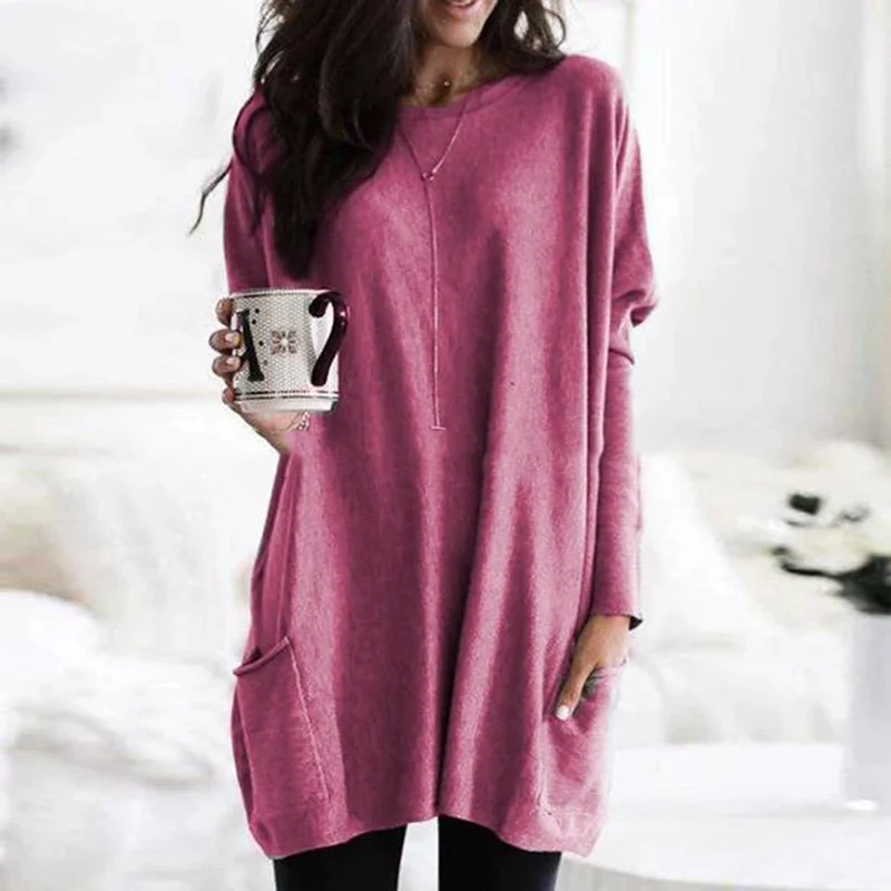 Amelie | Damen Oversized Langarm Tunika mit Taschen Rundhals Pullover
