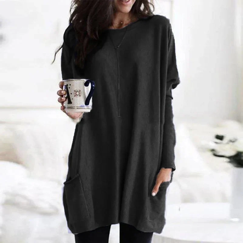 Amelie | Damen Oversized Langarm Tunika mit Taschen Rundhals Pullover