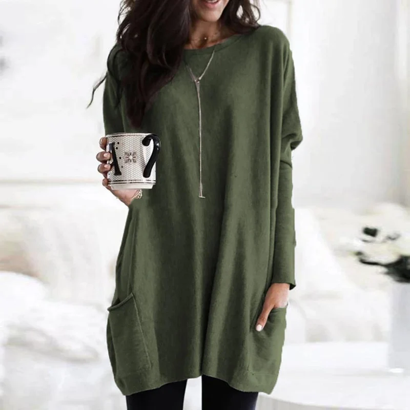 Amelie | Damen Oversized Langarm Tunika mit Taschen Rundhals Pullover