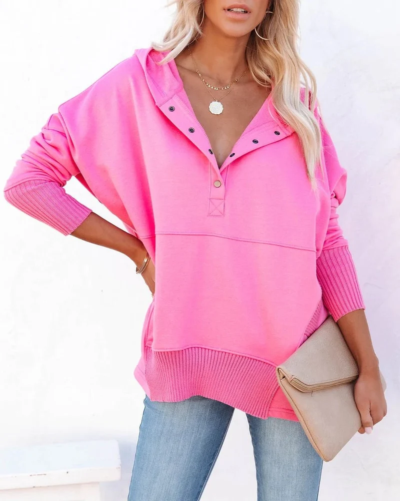 Clara | Damen Kapuzen-Tunika langarm oversized Hoodie mit Knopfleiste