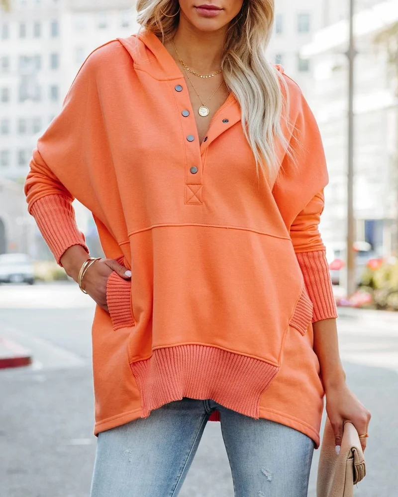 Clara | Damen Kapuzen-Tunika langarm oversized Hoodie mit Knopfleiste