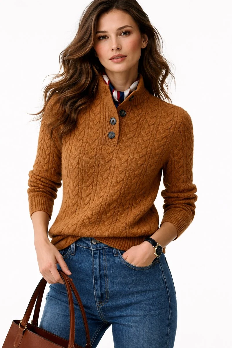 Charlotte | Damen Zopfstrick Wollmix Sweater mit Knopfkragen