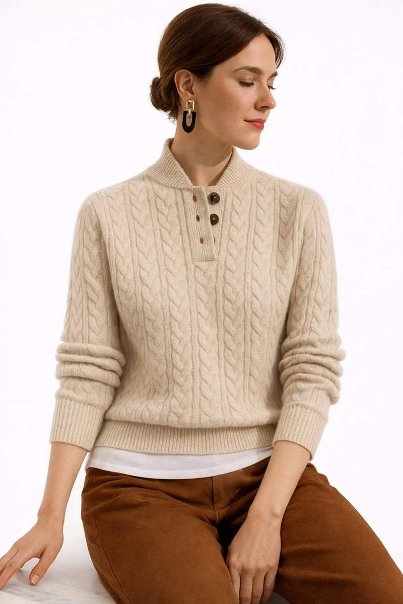 Charlotte | Damen Zopfstrick Wollmix Sweater mit Knopfkragen