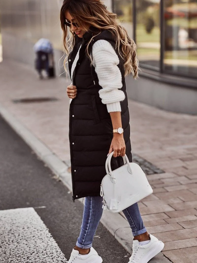 Daniela | Damen Lange Kapuzen Stepp Puffer Weste für den Winter