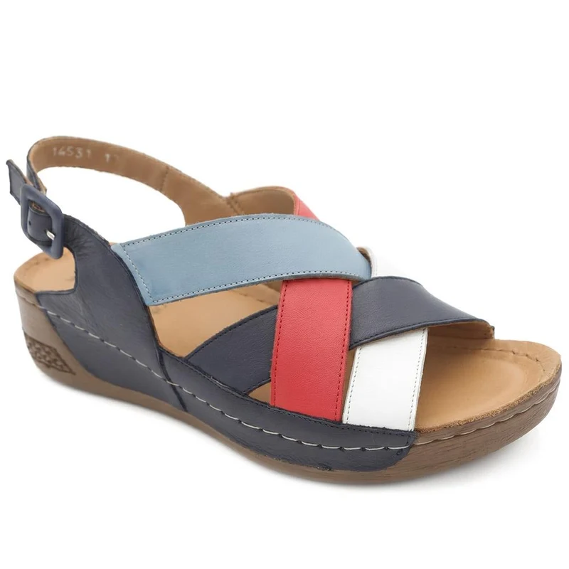 Strappy Buckled Leather Sandals - AS43004 / 329 759 - Navy Multi