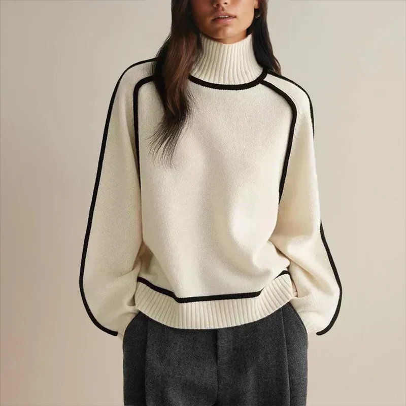 Luisa | Damen Oversized Rollkragen Sweater Zweifarbig Strickpullover