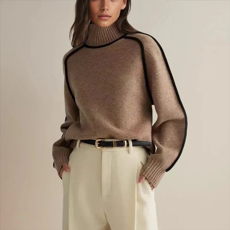 Luisa | Damen Oversized Rollkragen Sweater Zweifarbig Strickpullover
