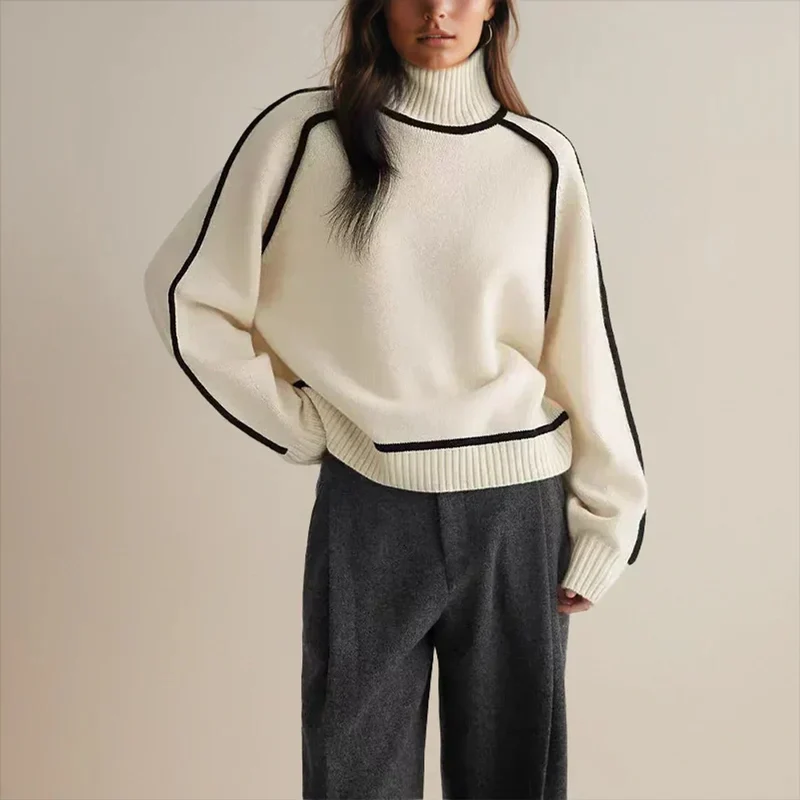 Luisa | Damen Oversized Rollkragen Sweater Zweifarbig Strickpullover