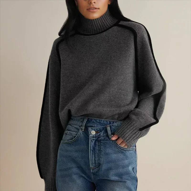 Luisa | Damen Oversized Rollkragen Sweater Zweifarbig Strickpullover