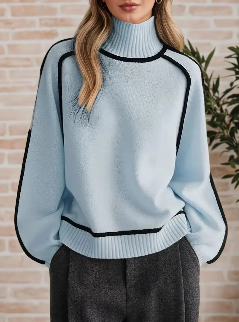 Luisa | Damen Oversized Rollkragen Sweater Zweifarbig Strickpullover