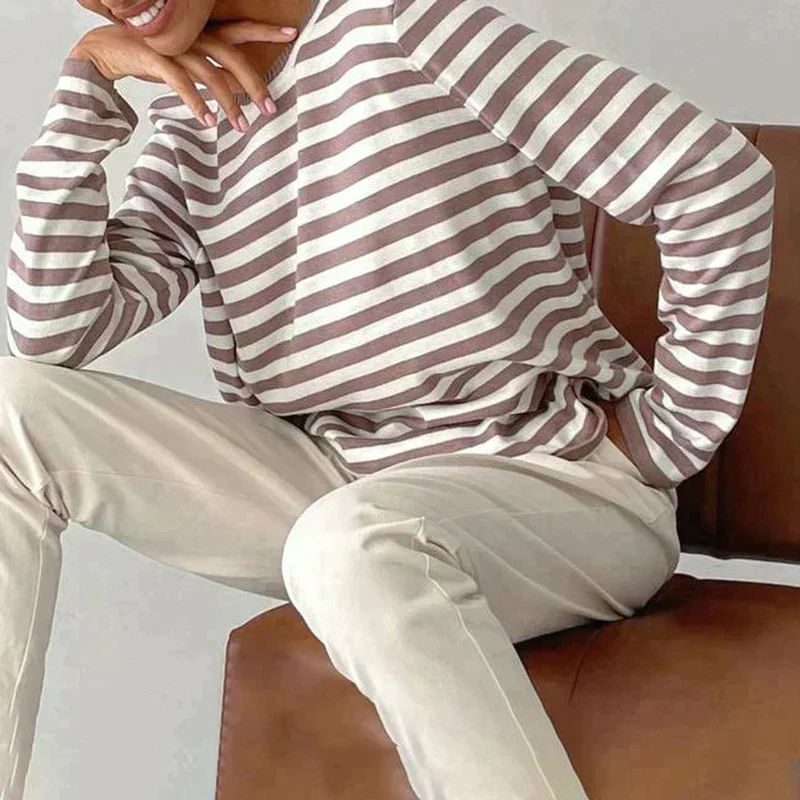 Emilia | Damen Gestreifter Langarm Relaxed-Fit Rundhals Sweater