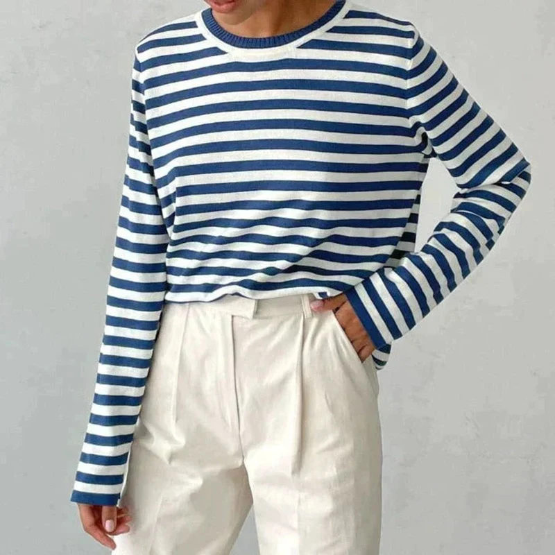 Emilia | Damen Gestreifter Langarm Relaxed-Fit Rundhals Sweater