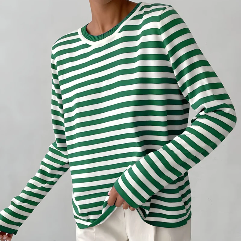Emilia | Damen Gestreifter Langarm Relaxed-Fit Rundhals Sweater