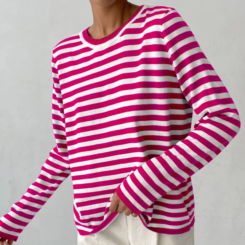 Emilia | Damen Gestreifter Langarm Relaxed-Fit Rundhals Sweater