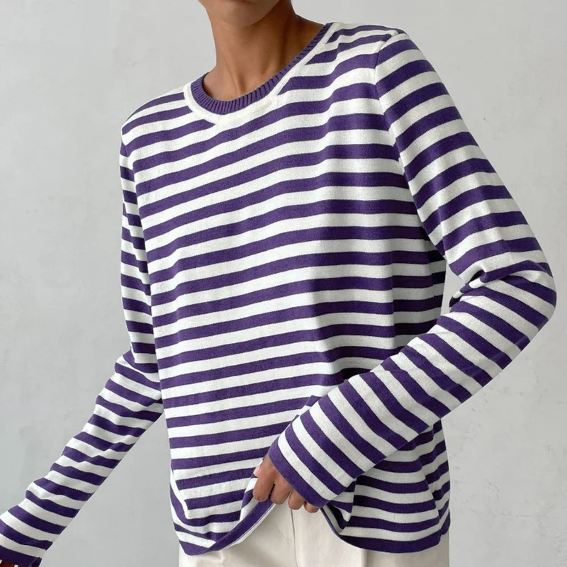 Emilia | Damen Gestreifter Langarm Relaxed-Fit Rundhals Sweater
