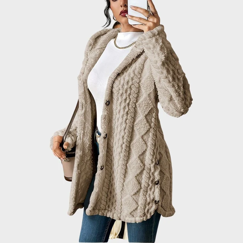 Marlene | Damen Longline Cardigan mit Kapuze Plüsch Knopfleiste Oversized