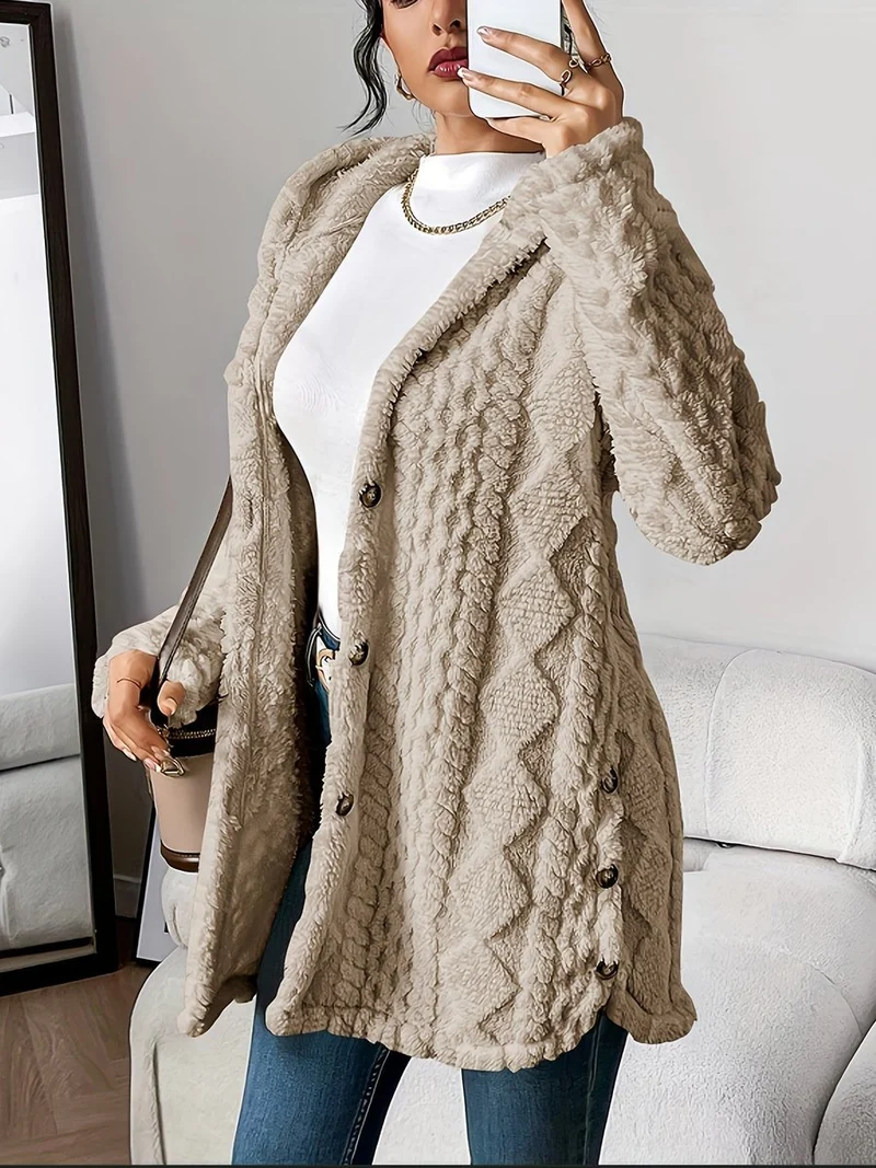 Marlene | Damen Longline Cardigan mit Kapuze Plüsch Knopfleiste Oversized