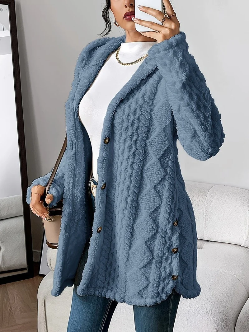 Marlene | Damen Longline Cardigan mit Kapuze Plüsch Knopfleiste Oversized