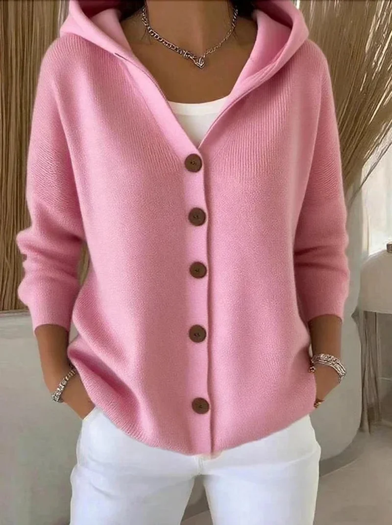 Annika | Damen Strick-Cardigan mit Kapuze Knopfleiste Relaxed Fit